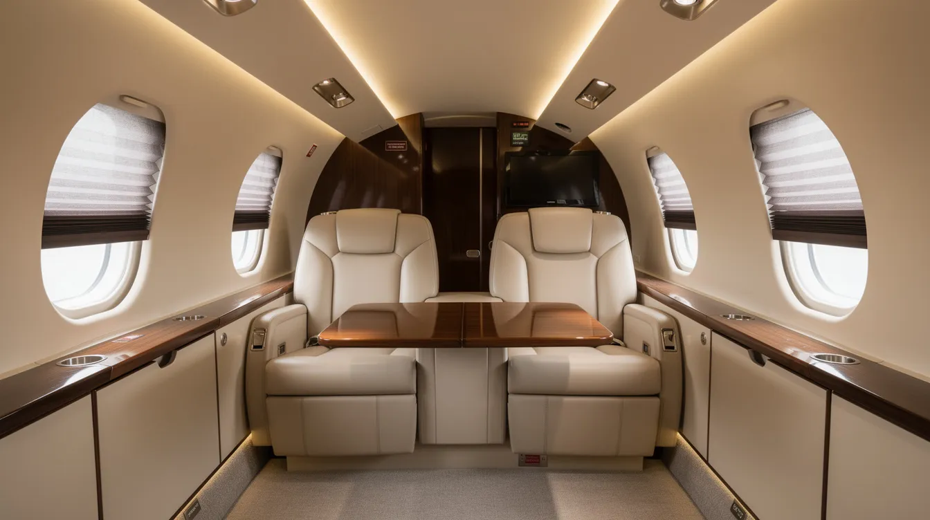 The image depicts the interior of a midsize private jet cabin, featuring luxurious leather seats arranged in a comfortable layout, complemented by soft ambient lighting that enhances the serene atmosphere of private aviation travel. This elegant setting showcases the premium experience of flying private, ideal for business jets and charter flights.