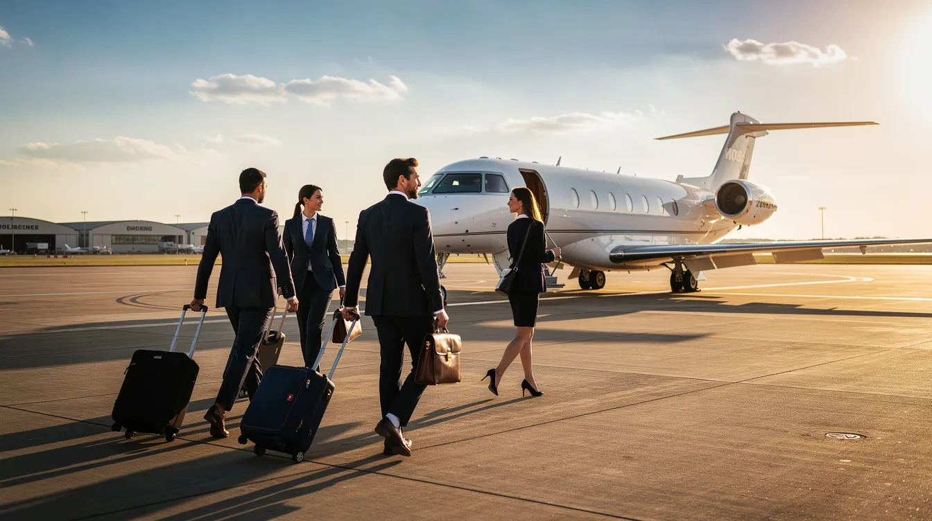 A group of business professionals is walking towards a sleek private jet parked on a sunlit tarmac, ready for their private aviation journey. The scene captures the essence of luxury and convenience associated with private jet travel, highlighting the appeal of charter flights for corporate needs.