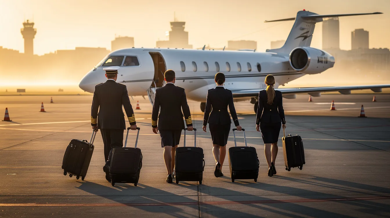 A professional flight crew, including a chief pilot, walks across a tarmac in the early morning light towards a sleek white private jet, symbolizing the excellence and luxury of worldwide jet charter services. This scene captures the essence of redefining private luxury charter travel, highlighting the commitment to safety and comfort in the aviation industry.