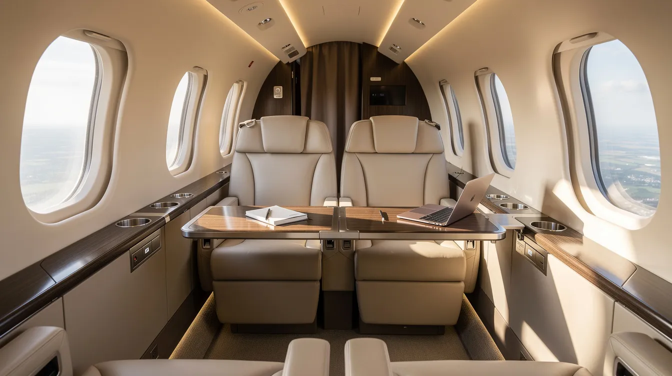 The image depicts the interior of a long-range private jet cabin, featuring luxurious lie-flat seats and a spacious work table, illuminated by natural light streaming through elegant oval windows. This setting exemplifies the comfort and sophistication associated with worldwide jet charter offerings, redefining private luxury travel.
