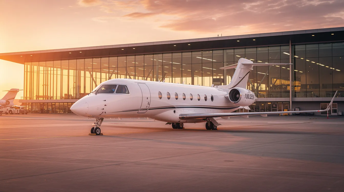 A luxurious private jet is parked on the tarmac at sunset, with a modern glass terminal building in the background, showcasing the elegance of private luxury charter. This image reflects the excellence and comfort associated with worldwide jet travel, emphasizing the industry's commitment to safety and unparalleled service.