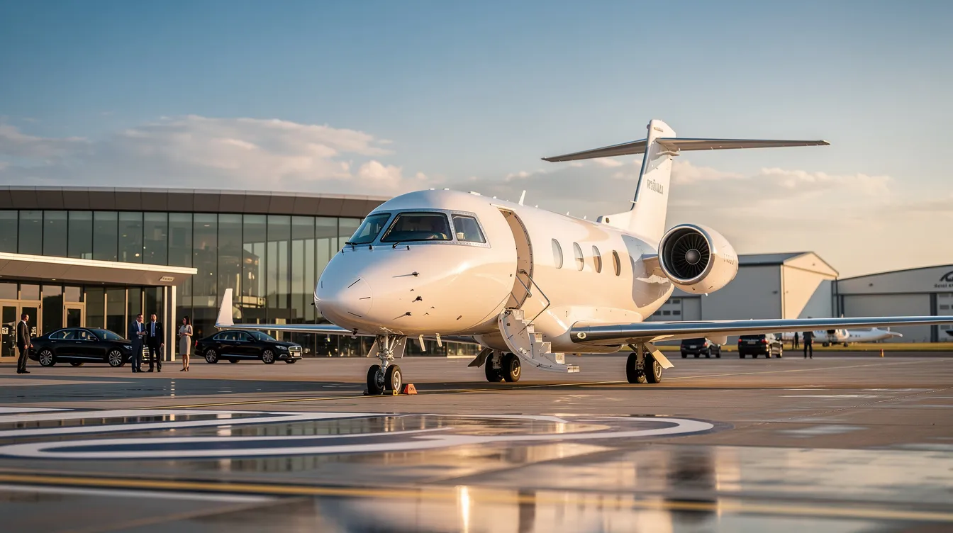 The image depicts a sleek private jet parked at a luxurious airport terminal, showcasing the elegance of private jet travel. This scene highlights the convenience of private jet charter services, emphasizing the spacious cabins and personalized service that cater to discerning travelers seeking a cost-effective alternative to commercial flights.