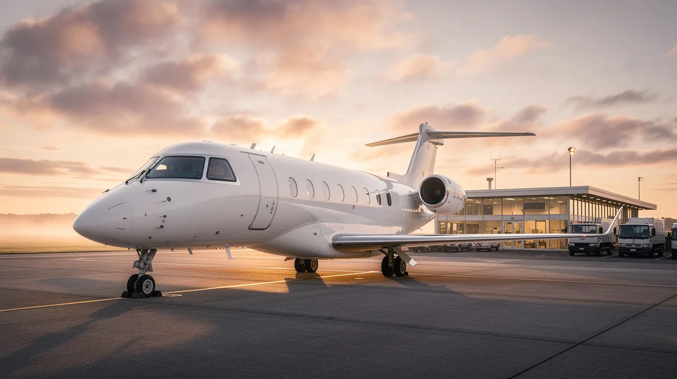 A private jet is parked near a quiet terminal, bathed in the warm hues of sunrise, highlighting the luxury of private aviation. This scene captures the essence of private jet travel, offering a glimpse into the serene and exclusive atmosphere of private charters.