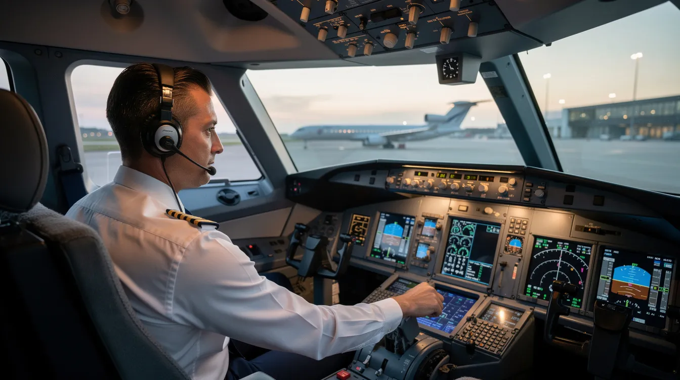 A pilot is seen inside the cockpit of a business jet, meticulously preparing for departure by checking instruments and controls, highlighting the attention to detail essential in private jet travel. This scene emphasizes the luxury and efficiency of private jet charter services, ensuring a smooth and safe flight experience for discerning travelers.