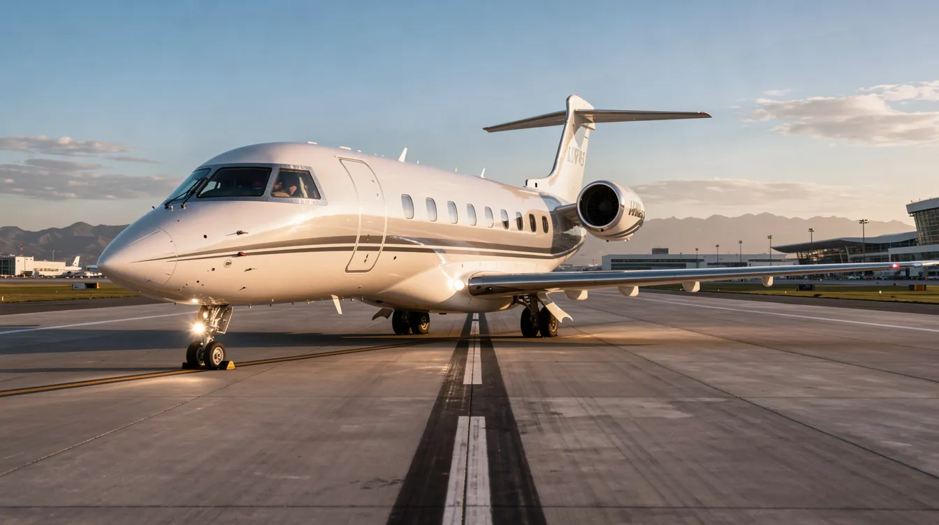 A large-cabin private jet is positioned on a long runway, ready for departure, showcasing the luxury and spaciousness typical of private jet travel. This scene highlights the convenience of charter flights, emphasizing the experience of flying private with options for various aircraft types and charter flight cost considerations.