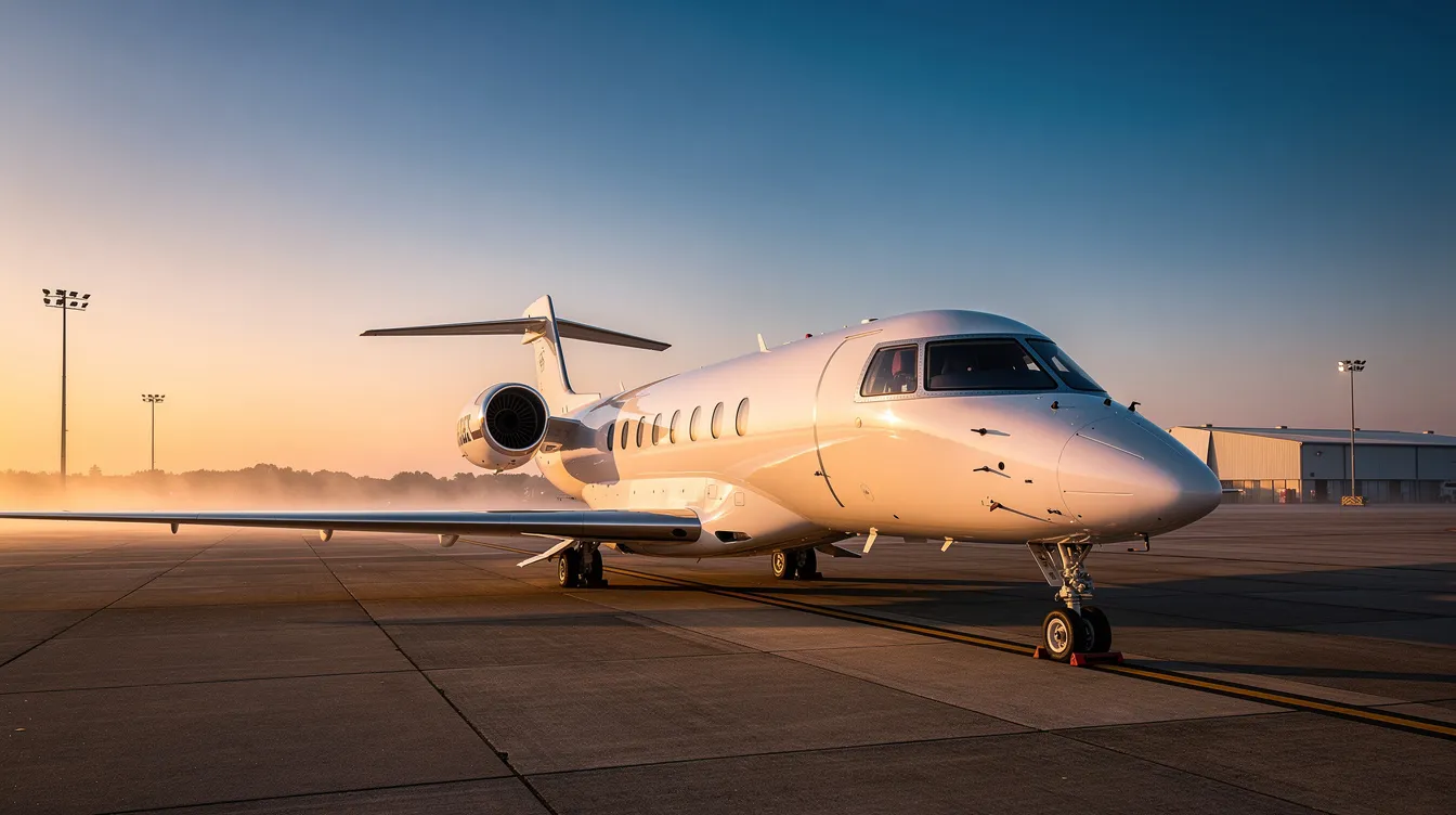 A private jet is parked on a quiet airport apron, bathed in the warm glow of sunrise, highlighting its sleek design and luxurious features. This scene captures the essence of private jet travel, evoking thoughts of charter flight options and the allure of exclusive private aviation.