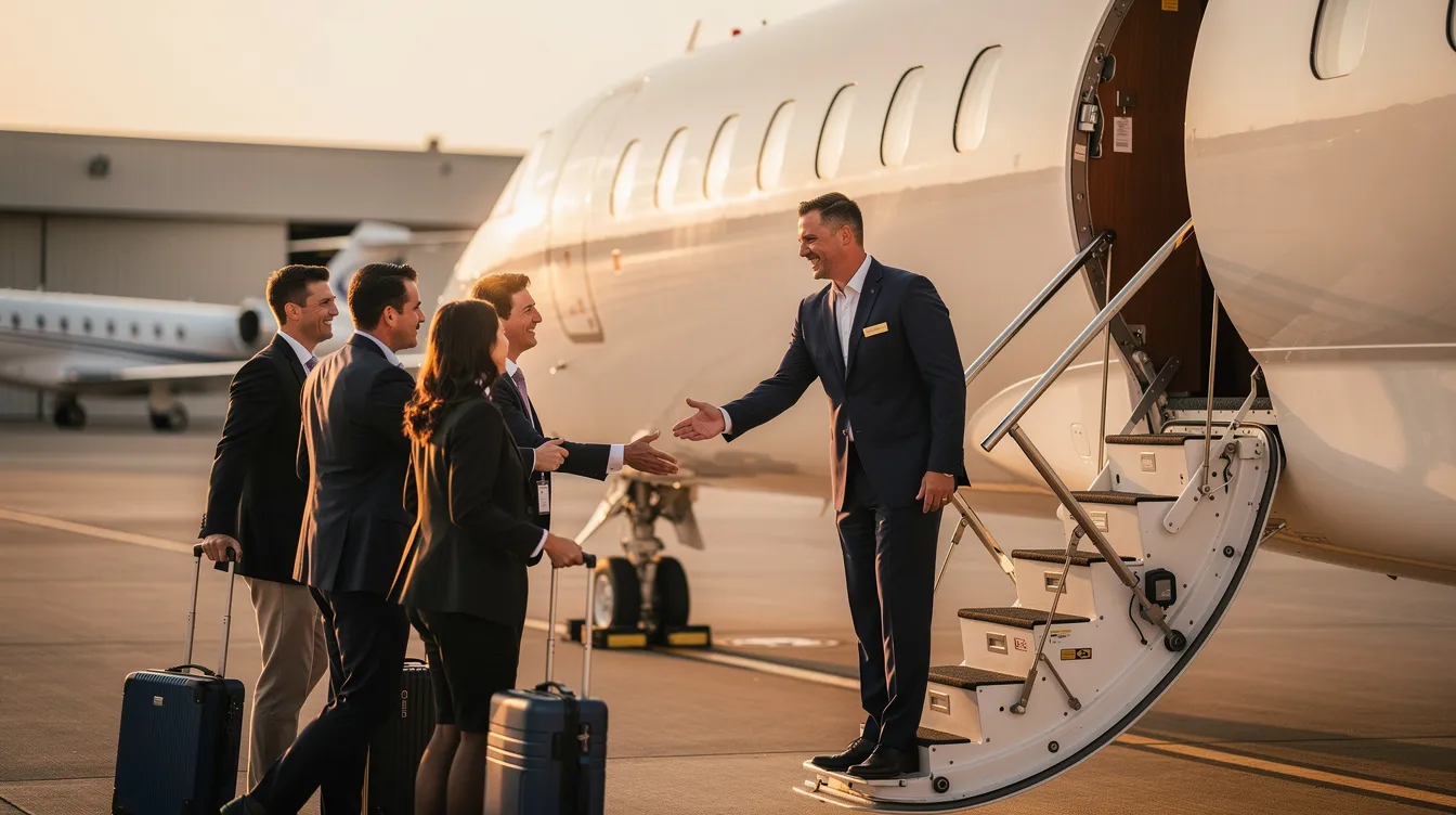 A private aviation concierge warmly greets travelers next to a sleek business jet, highlighting the luxury of private jet travel. The scene conveys the convenience and exclusivity of private jet charter services, perfect for both domestic and international flights.