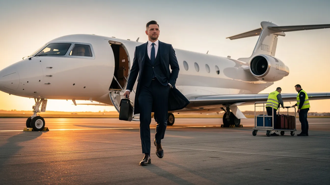 An executive confidently walks across a runway toward a luxurious private jet, while in the background, luggage is being loaded for their upcoming private flight. This scene highlights the convenience and elegance of private jet travel, showcasing the seamless experience offered by private jet charter services.