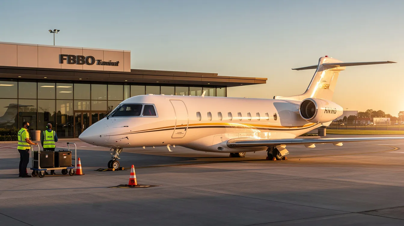 A sleek private jet is parked on the tarmac at an FBO terminal during golden hour, with a dedicated ground crew nearby preparing for the upcoming flight. This scene captures the essence of private jet travel, highlighting the luxury and efficiency of private aviation services.