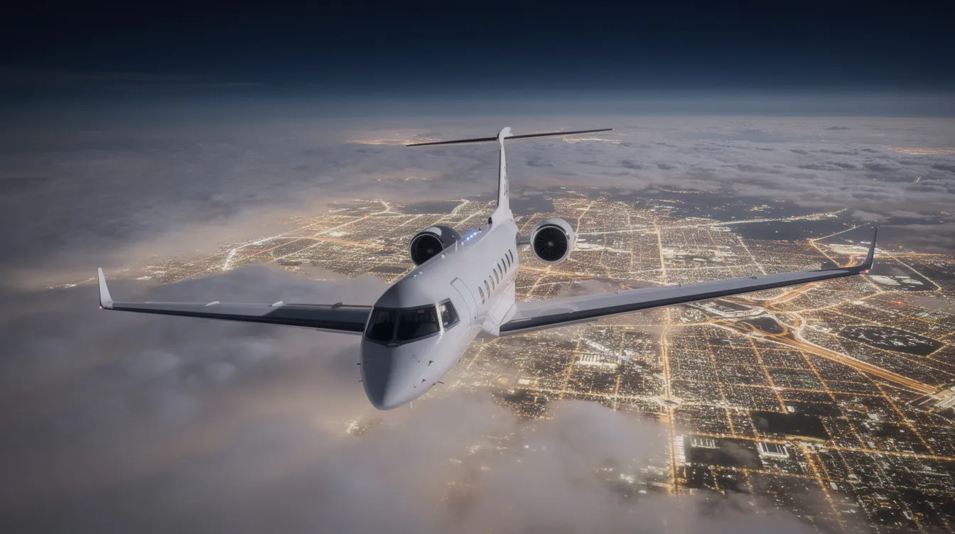 An aerial view captures a sleek private jet soaring above a layer of fluffy clouds, with twinkling city lights visible below, highlighting the luxury and exclusivity of private jet travel. This scene exemplifies the convenience and elegance of charter flights, offering a unique perspective on the aviation industry.
