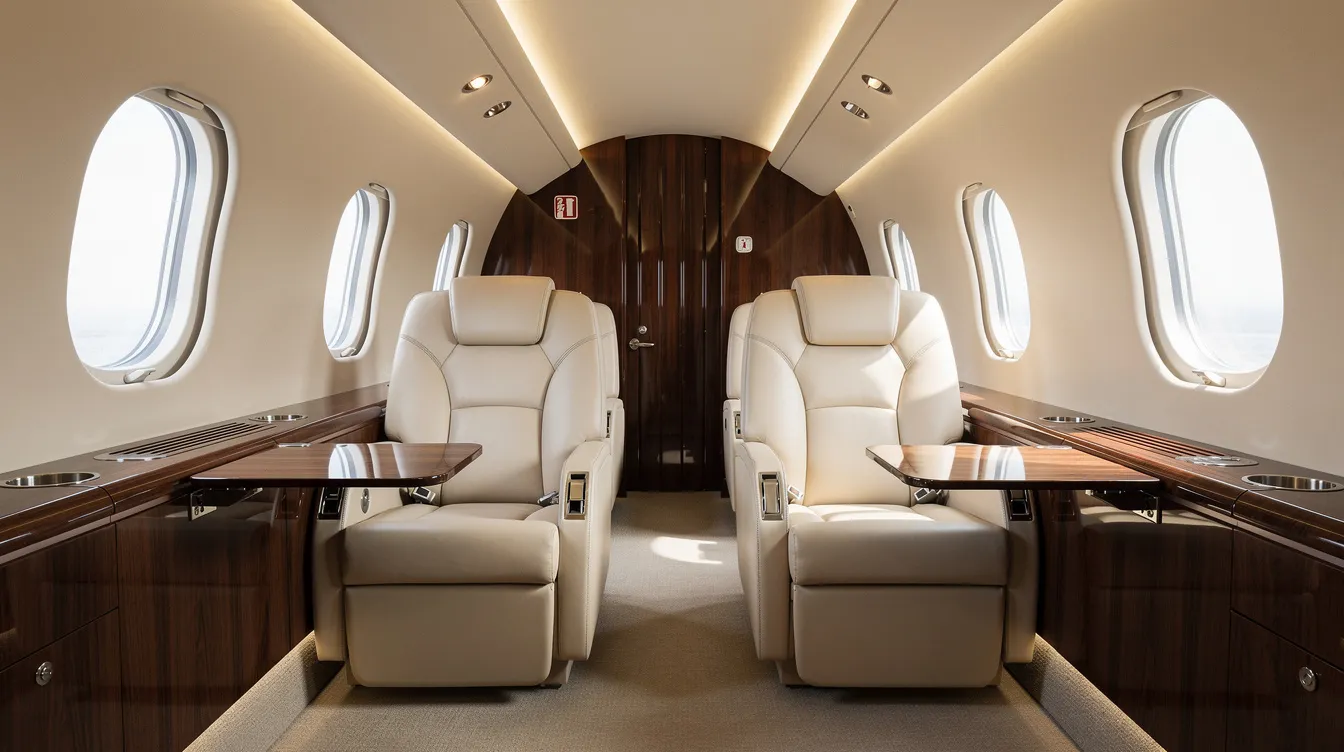 The image depicts the luxurious interior of a midsize private jet cabin, featuring plush leather seats and elegant wood veneer accents, designed for an exceptional private travel experience. This setting exemplifies the comfort and sophistication associated with private jet charter services, catering to business executives and private jet travelers alike.