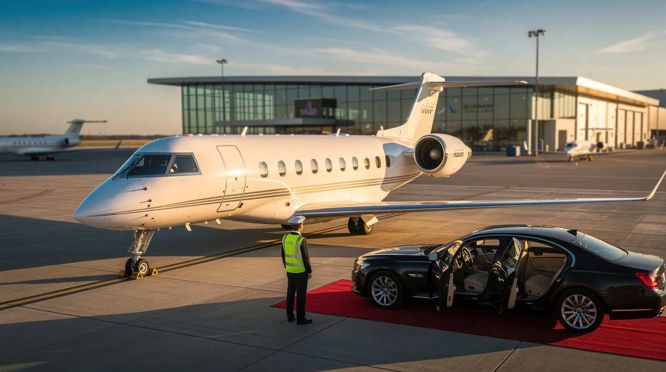 The image showcases a luxurious private jet parked at a regional airport, highlighting its spacious cabin designed for up to nine passengers. This representation of private aviation emphasizes the comfort and convenience of private jet travel, including options for private jet charter and affordable aircraft choices.