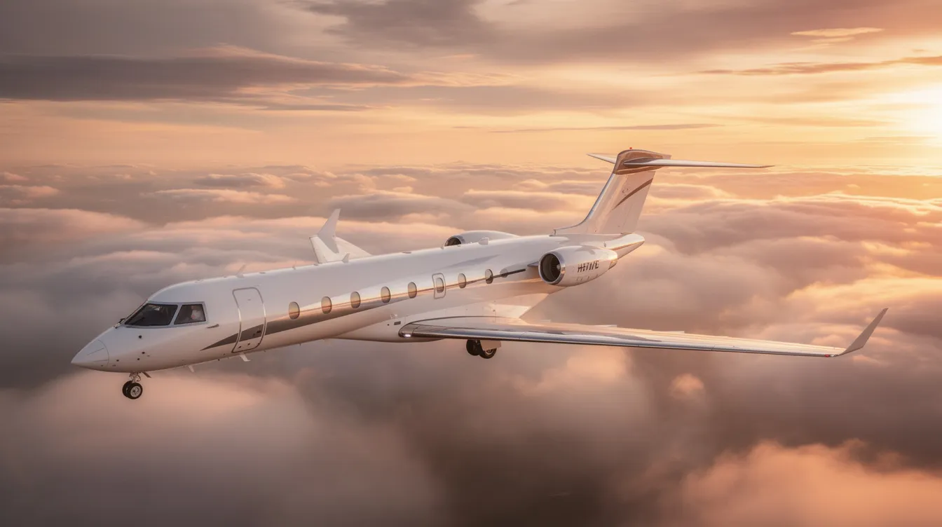 The image depicts a sleek and luxurious private jet parked on a runway, showcasing its spacious cabin and high-performance design. This private aviation aircraft is ideal for charter flights, offering an exceptional travel experience for up to nine passengers.