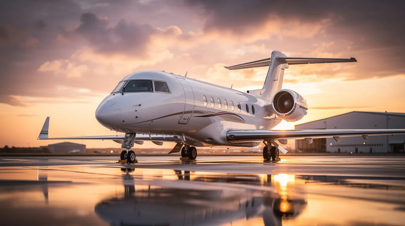 The image features a sleek and luxurious private jet parked on a runway, showcasing its spacious cabin designed for comfort and high performance. This private aviation aircraft, ideal for up to nine passengers, represents the ultimate in private jet travel, offering an exceptional flying experience for both domestic and international flights.