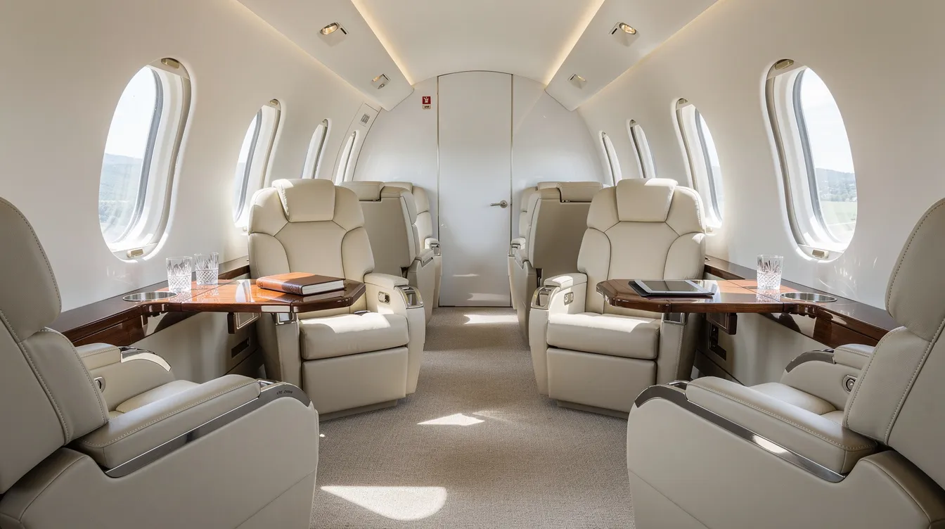The image depicts a refined private jet cabin featuring club seating, designed for maximum comfort and spacious interiors. Natural light floods the area, enhancing the luxurious atmosphere of this private aircraft, ideal for discerning travelers seeking an exceptional private aviation experience.