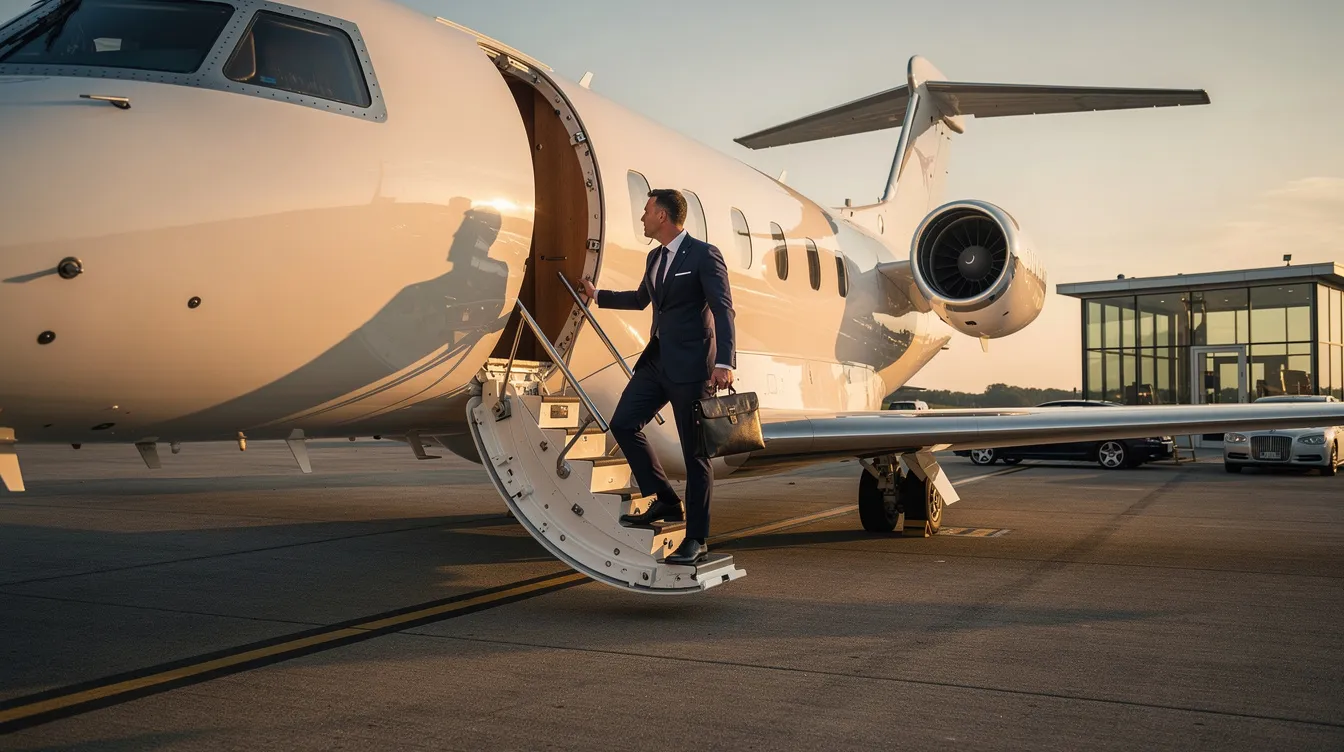 An executive steps onto a sleek, luxury private jet at a quiet private terminal, showcasing the elegance and sophistication of private aviation. The scene highlights the convenience and comfort of flying in a purpose-built business jet designed for discerning travelers.