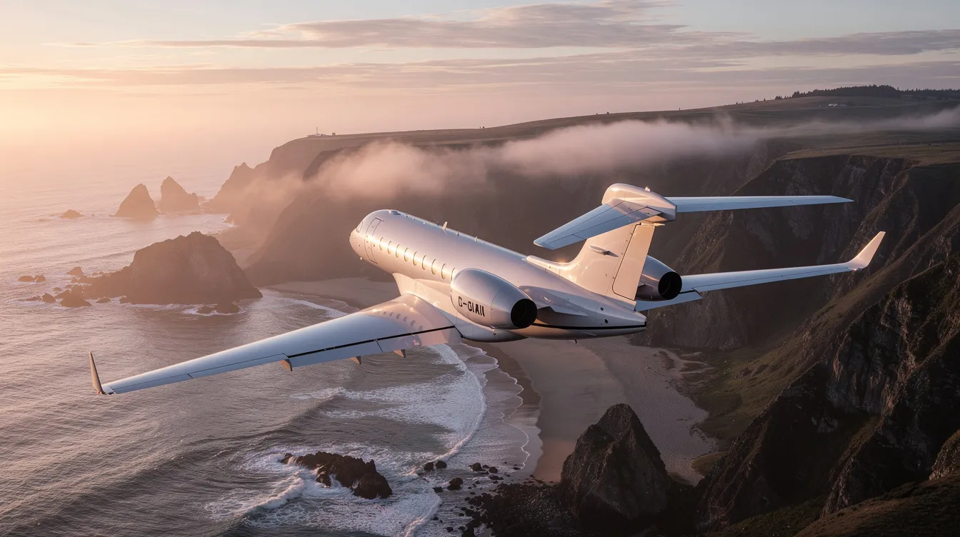A modern luxury private jet soars gracefully over a stunning coastline at sunrise, showcasing its sleek design against the vibrant colors of the morning sky. This private aircraft embodies the essence of private aviation, offering maximum comfort and impressive range for discerning travelers.