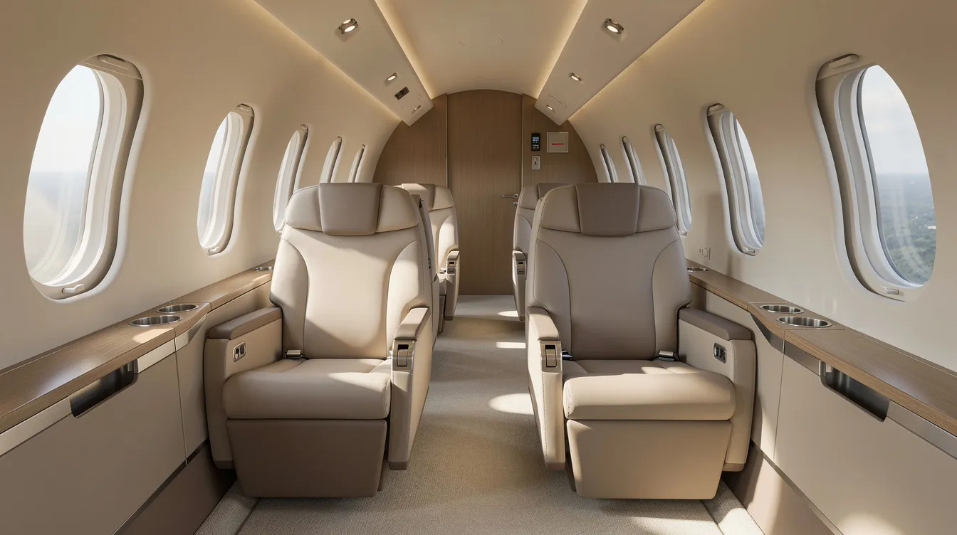 The image depicts a private aircraft cabin featuring neutral-colored seating illuminated by soft daylight, creating a serene atmosphere ideal for passengers flying private. This luxurious space is designed for comfort and relaxation, making it perfect for those considering private jet flights or charter flights.