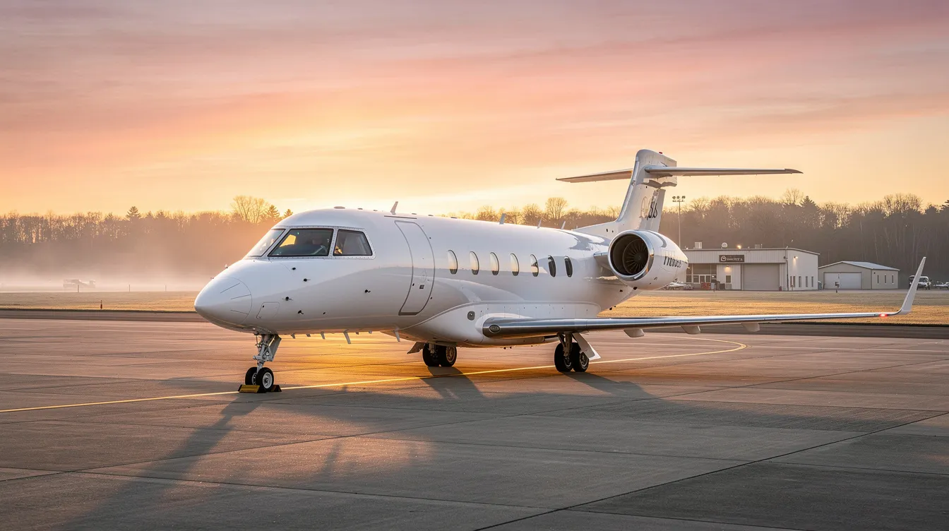 A private jet is parked at a quiet regional airport, bathed in the warm hues of sunrise. This serene moment highlights the luxury of private aviation, perfect for those seeking affordable private jet flights or empty leg flight options.