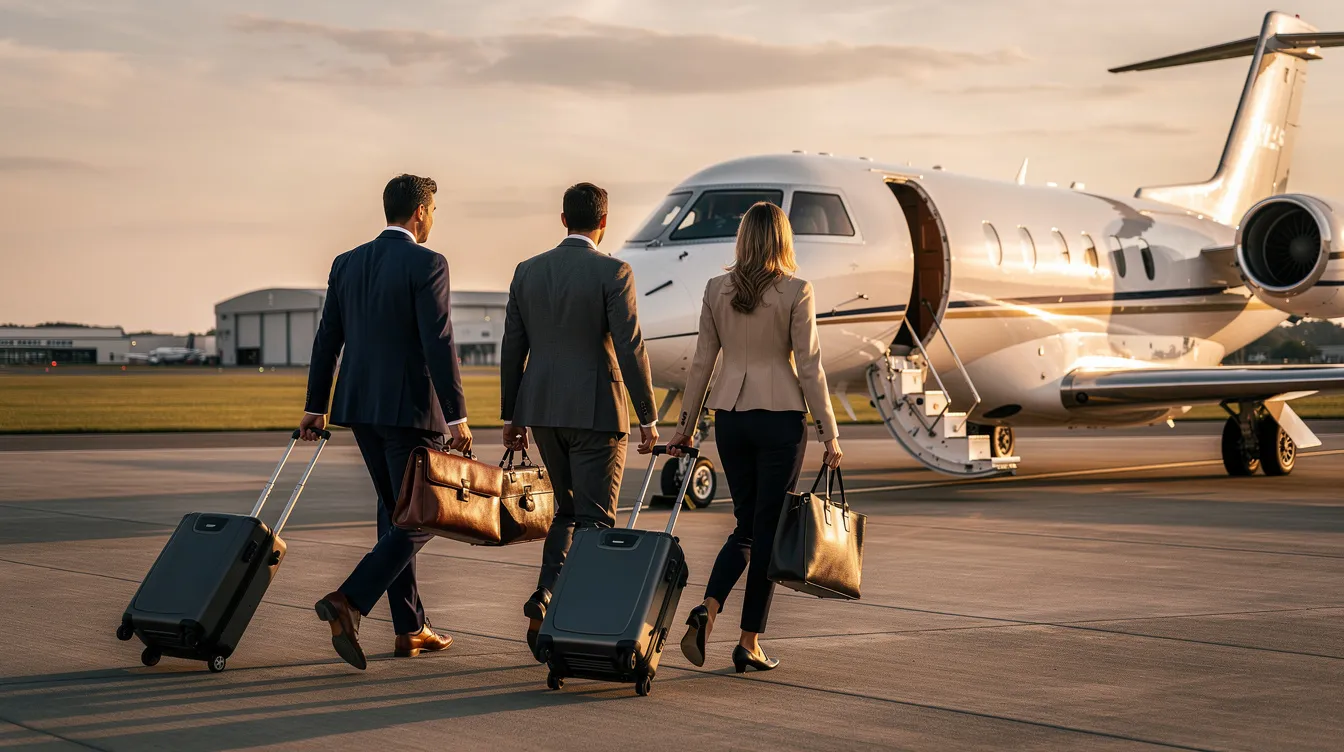 A group of business travelers is walking toward a small private jet, preparing to board for their flight. The scene captures the efficiency and convenience of private aviation, highlighting the benefits of charter flights for frequent flyers.