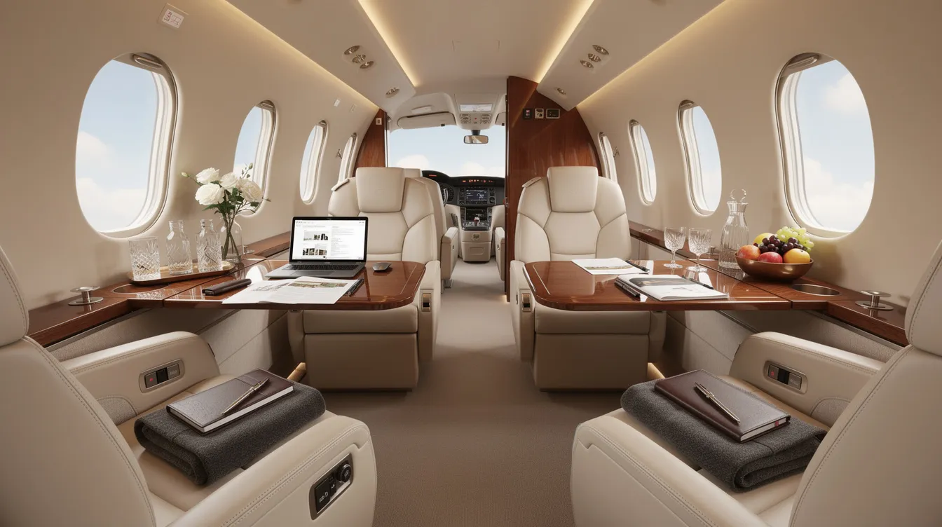 The image depicts a luxurious private jet cabin, meticulously arranged for a business trip, featuring plush seating, a polished table, and elegant decor. This setting highlights the comfort and exclusivity of private jet travel, ideal for those considering private jet charter options or the costs associated with private aviation.