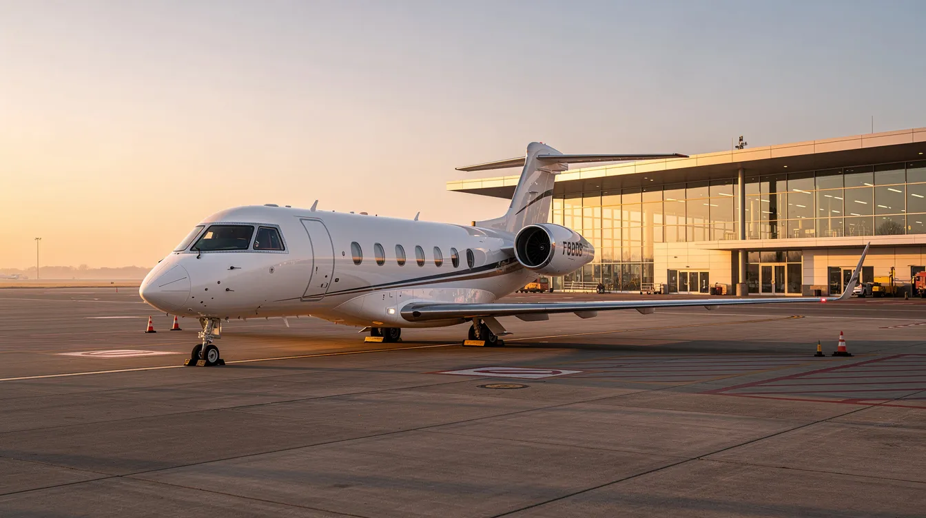 A sleek private jet is parked near a quiet terminal, bathed in the warm hues of sunrise. This scene captures the essence of private aviation, highlighting the luxury and exclusivity associated with private jet travel.