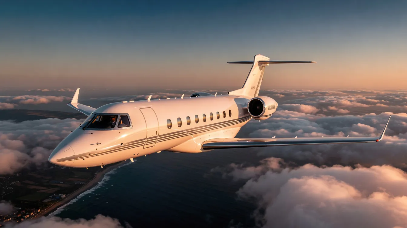 The image depicts a luxurious private jet parked at a small airport, showcasing the sleek design of the aircraft, which is available for private charter flights. This setting emphasizes the convenience and flexibility of private jet travel, catering to travelers seeking personalized and efficient air travel experiences.