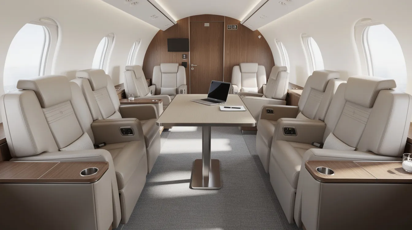 The image depicts the interior of a private jet cabin featuring neutral-toned seating and a designated working space, ideal for business travelers. This luxurious environment highlights the comfort and functionality of private jet travel, emphasizing the importance of private jet charter costs and the overall experience for passengers.