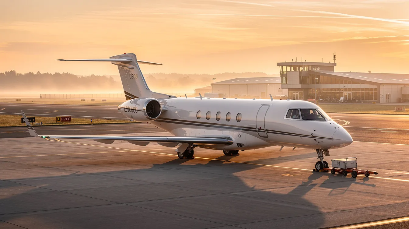 A private aircraft is parked on a tranquil executive airport ramp, illuminated by the soft light of sunrise. This scene captures the essence of private jet travel, highlighting the aircraft's sleek design and the serene atmosphere of early morning departures.