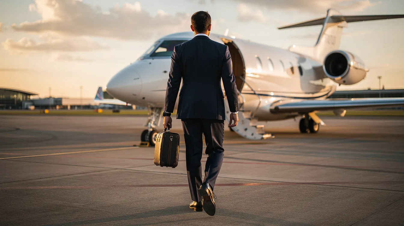 An executive traveler is walking towards a private aircraft, carrying a small travel bag, ready for their journey. This scene highlights the convenience and luxury of private jet travel, where charter flight cost calculators can help estimate private jet charter costs for various destinations.
