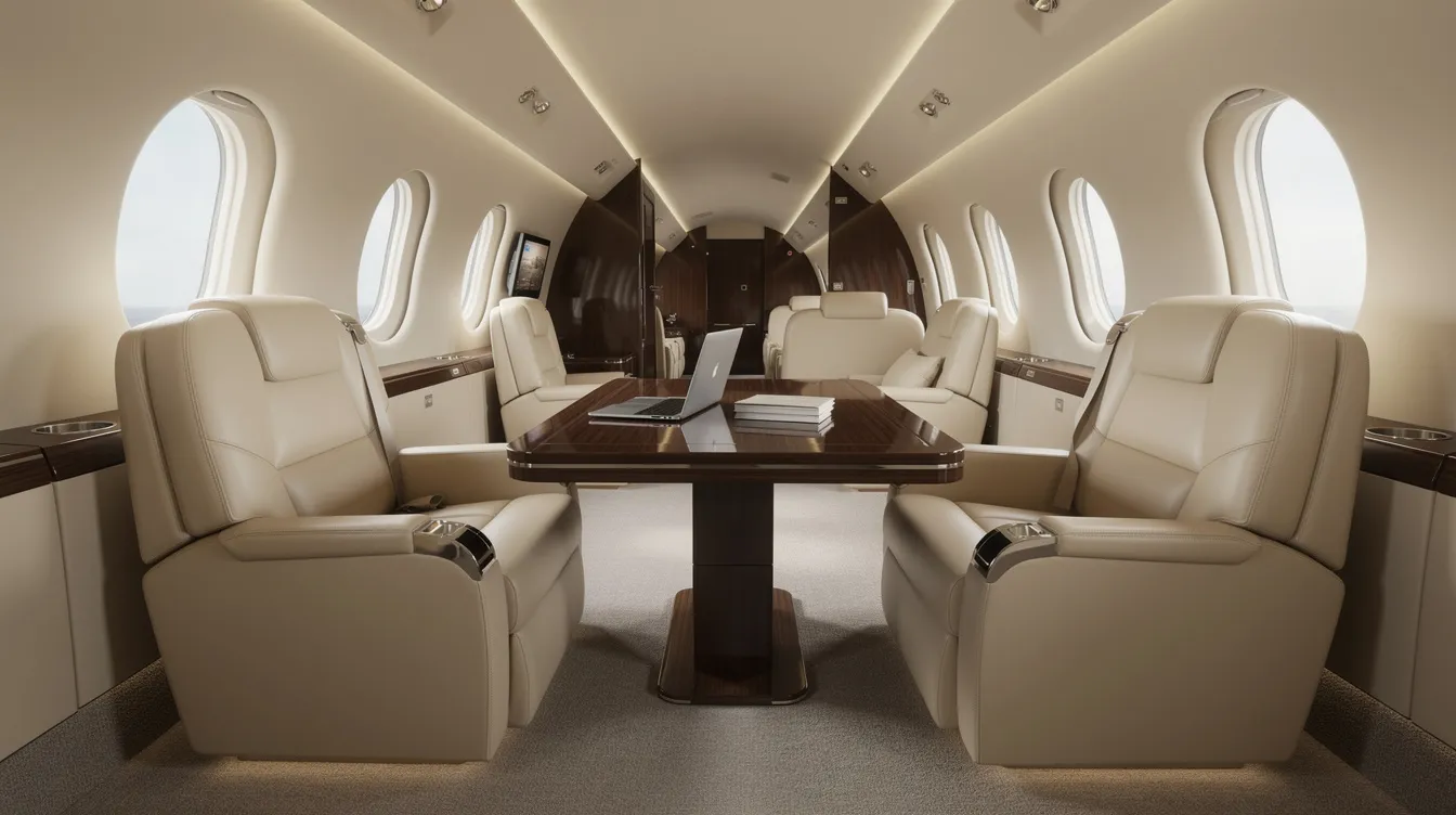 The image depicts a quiet private jet cabin featuring luxurious club seating and a work table, designed for comfort and productivity during private jet travel. This serene environment is ideal for private jet travelers seeking a bespoke travel experience while flying to destinations like Dubai.