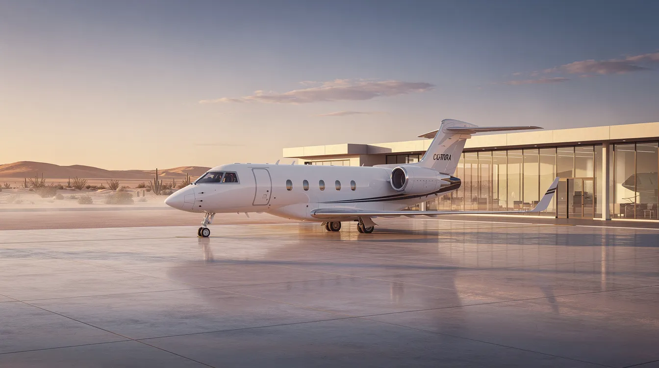 A private jet is parked beside a sleek, modern desert airport terminal at sunrise, highlighting the luxurious experience of private jet travel to Dubai. The scene captures the serenity of early morning light against the backdrop of Al Maktoum International Airport, a hub for private jet flights in the Middle East.