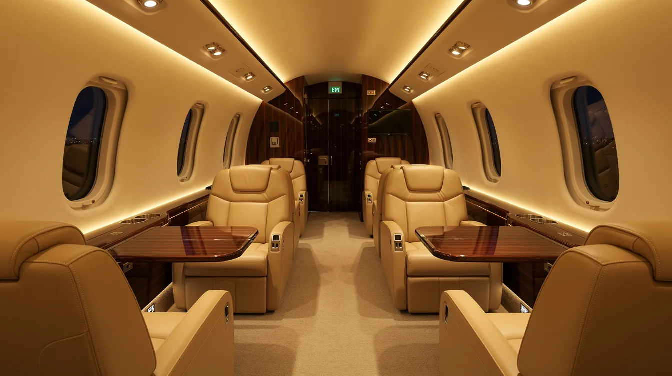 The image depicts the interior of a spacious large cabin private jet, featuring plush leather seats and soft, dim ambient lighting that creates a luxurious atmosphere. This elegant setting is ideal for those considering private jet travel, offering comfort and style for charter flights.