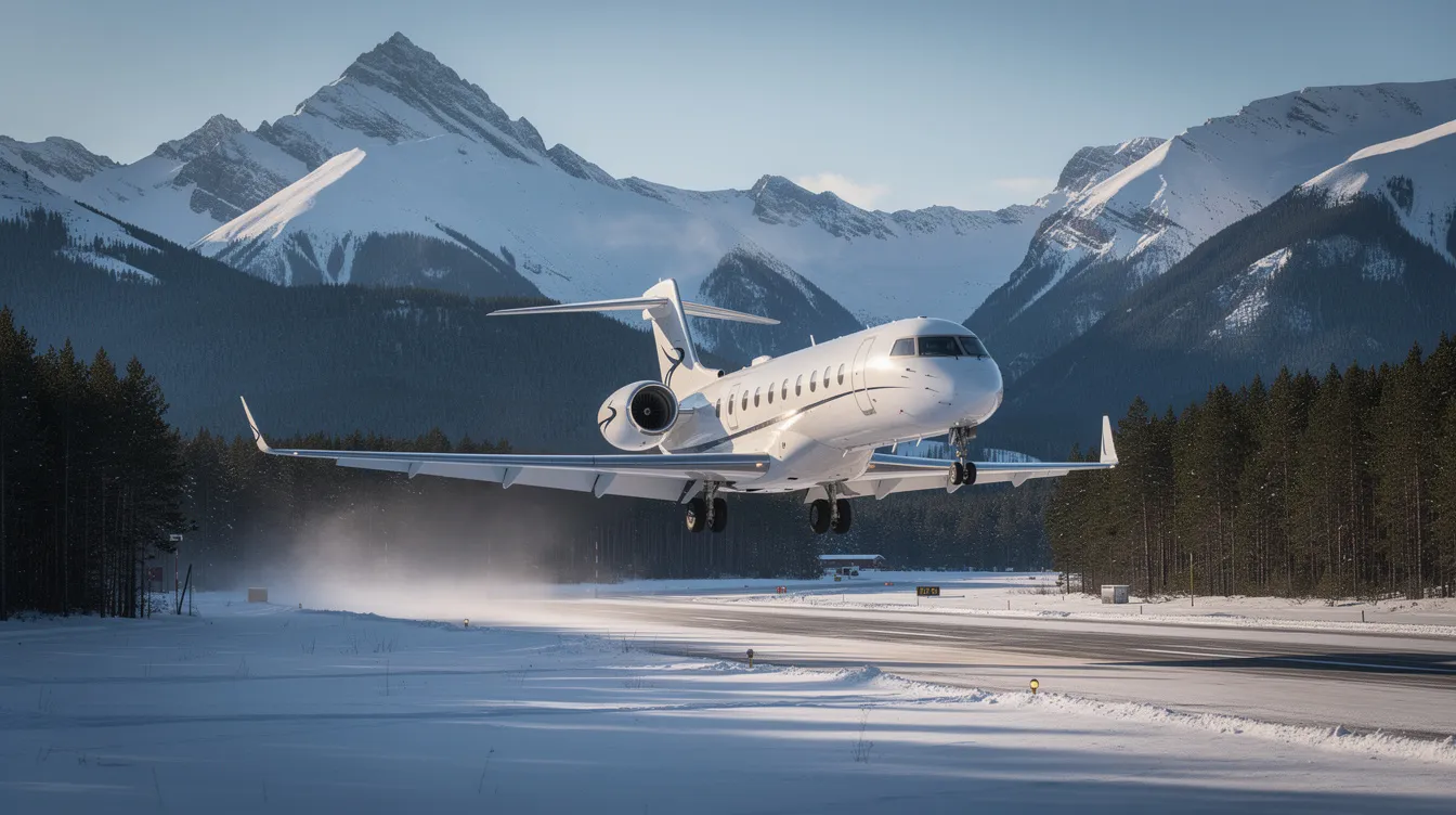 A private jet is landing at a snow-covered mountain airport, surrounded by tall pine trees, showcasing the beauty of private aviation. This scene highlights the luxury of charter flights to remote destinations, emphasizing the appeal of private jet travel in winter settings.