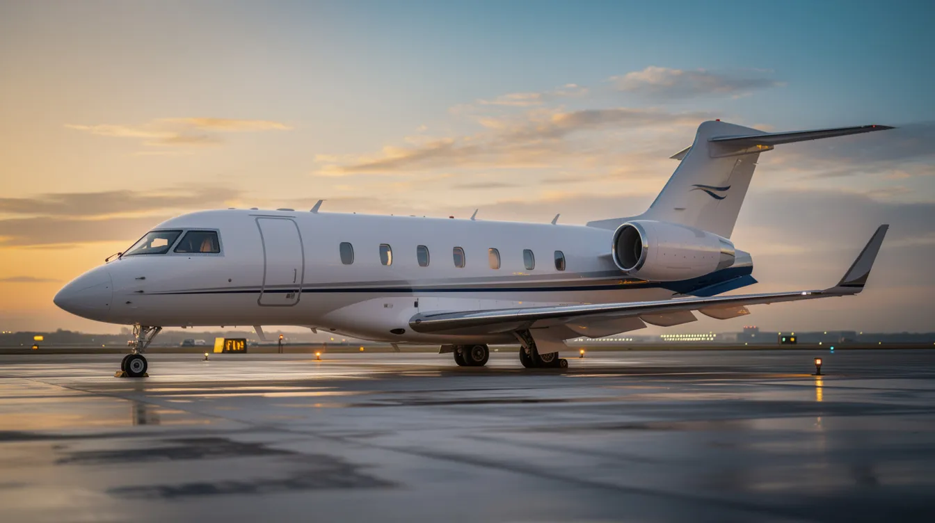 A sleek midsize private jet is parked on a tarmac at dusk, silhouetted against a warm amber sky. This scene captures the essence of private aviation, offering a glimpse into the luxurious world of private jet travel.