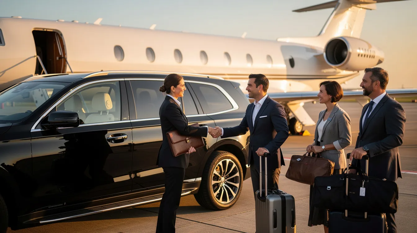 A private aviation concierge warmly greets travelers beside a luxury vehicle parked near a sleek private jet, showcasing the personalized service and convenience of private jet charter travel. The scene emphasizes the ease of access to private jet services, perfect for those seeking comfort and efficiency in their journeys.
