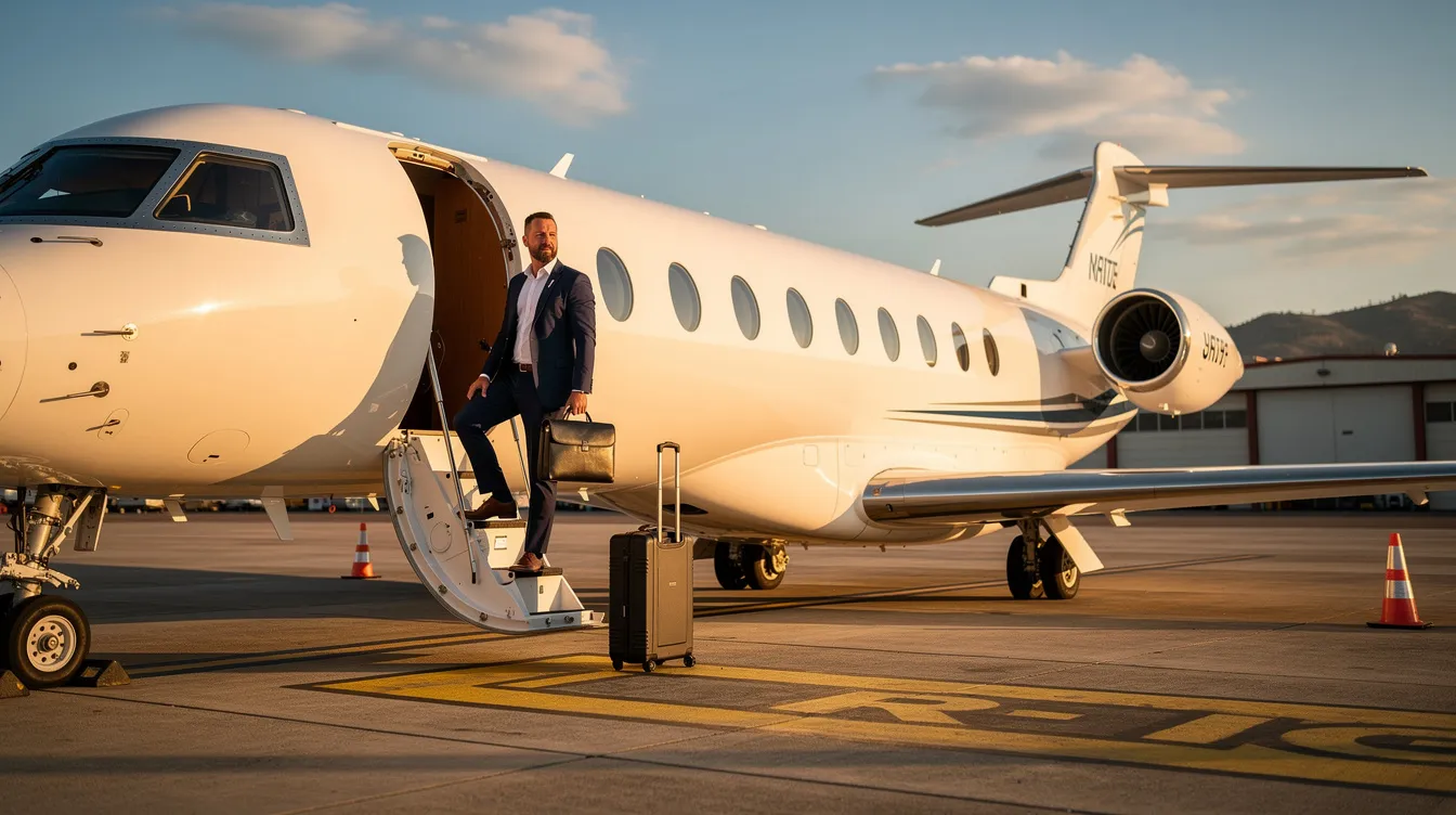An executive is seen boarding a sleek private jet at a quiet regional airport ramp, highlighting the convenience and luxury of private jet travel. This scene emphasizes the appeal of private jet charter services for those seeking a comfortable and efficient way to fly, away from busy commercial flight terminals.