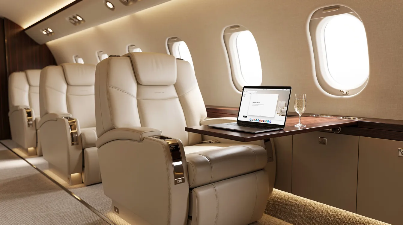 The image depicts a quiet private jet cabin featuring plush leather seats and a sleek laptop resting on a side table, ideal for private jet travel. This serene environment highlights the luxury and comfort associated with private jet charter services.