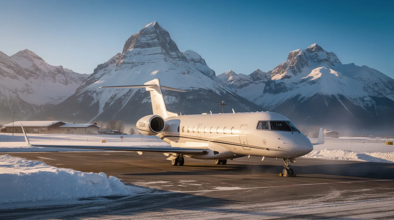 A sleek private jet is parked at a winter airport, surrounded by stunning snow-covered mountains. This scene captures the essence of private aviation, highlighting the luxurious travel experience that private jet charter services offer, even in the coldest climates.