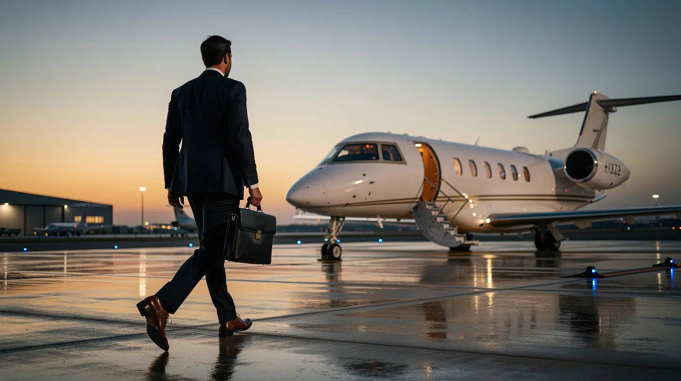 An executive is seen walking across a private aviation tarmac towards a waiting midsize jet, with the dusky sky casting a warm glow over the scene. This image captures the essence of private jet travel, highlighting the luxury and convenience of charter flights.
