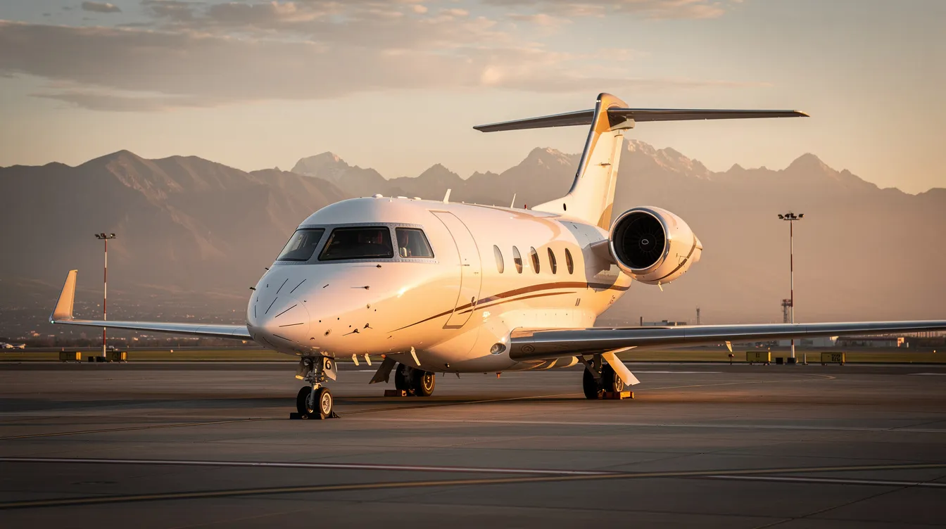 A sleek midsize private jet is parked on a tarmac during golden hour, with stunning mountains in the background, showcasing the elegance of private aviation. This image captures the essence of luxury travel, often associated with private jet charter services.