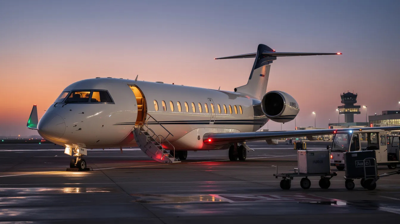 A large cabin private jet is seen on the tarmac, ready for an international departure at dusk, with a beautifully lit sky in the background. This spacious private aircraft exemplifies the luxury and comfort associated with private jet travel, making it an ideal choice for business jets and private jet charter services.