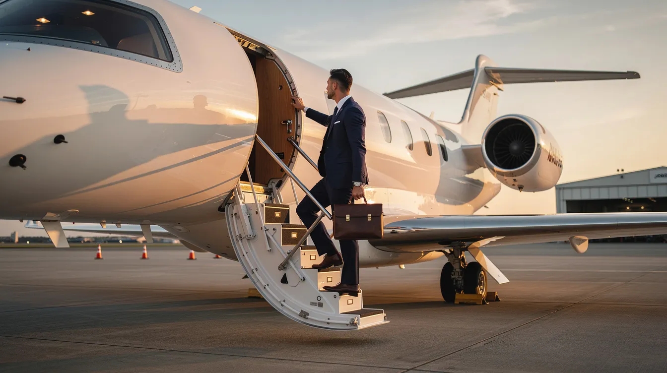 An executive traveler is seen boarding a small private jet on a quiet ramp, highlighting the exclusive experience of private aviation. The scene emphasizes the convenience and luxury of private jet travel, away from the hustle of commercial flights.