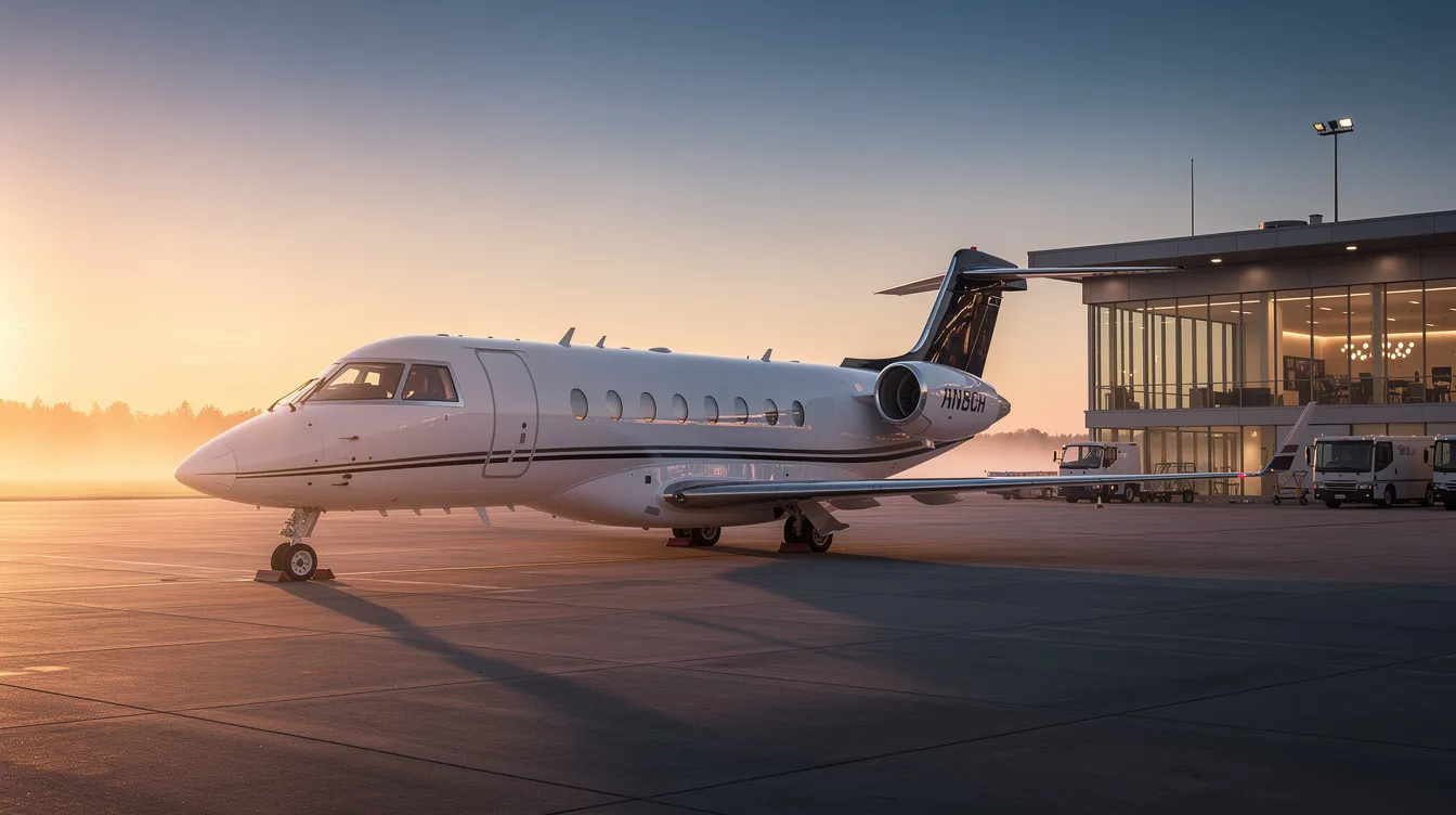 A private jet is parked near a quiet executive terminal as the sun rises, casting a warm glow over the aircraft and surrounding area, highlighting the serene atmosphere of private aviation. This scene captures the essence of luxury travel, emphasizing the convenience and exclusivity of private jet charters.
