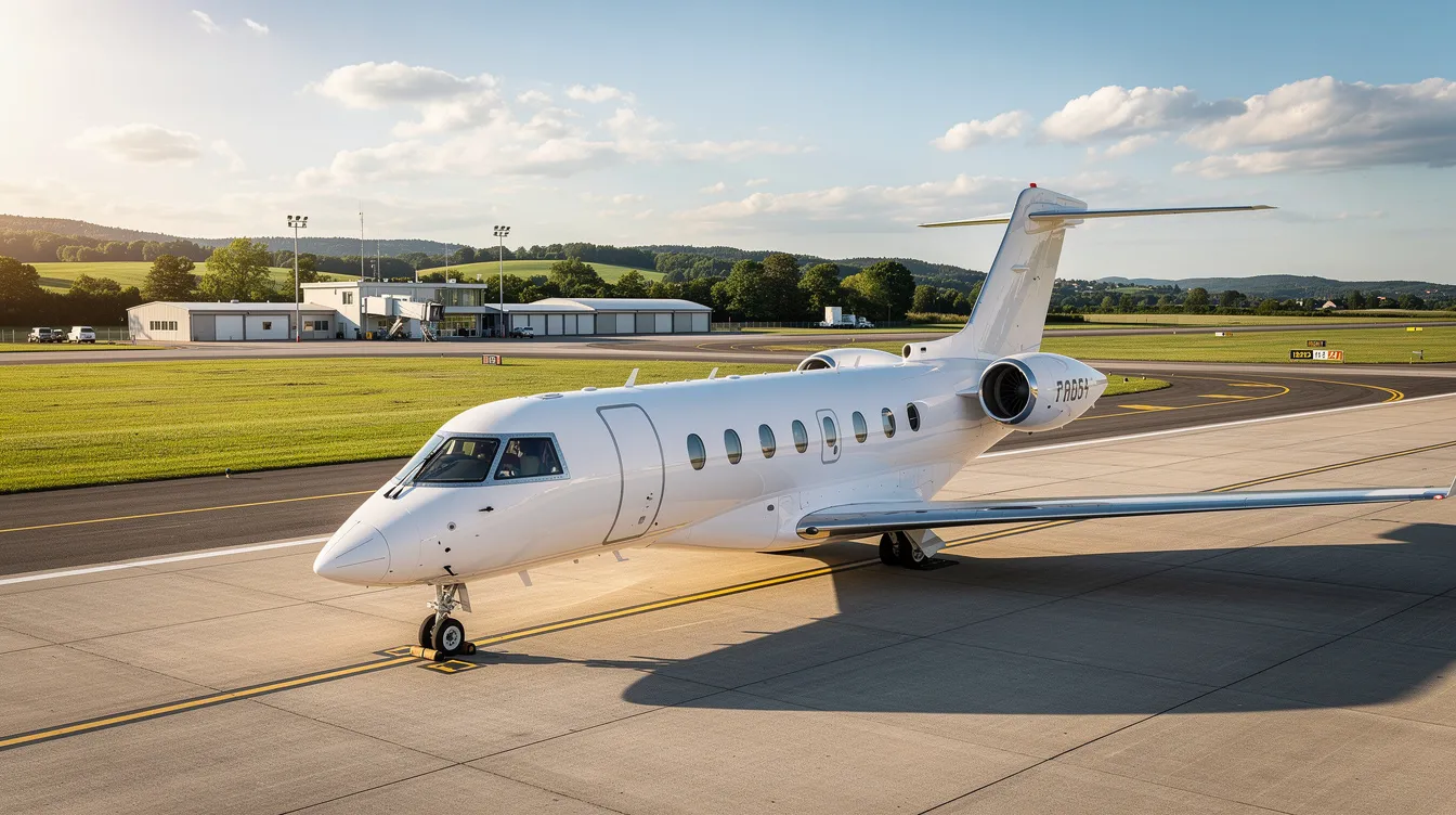 A private jet is parked on the tarmac of a small regional airport, surrounded by lush green landscapes. This mid-size jet, designed for efficiency and comfort, is ready to provide luxury travel for passengers, showcasing the ideal balance of performance and accessibility.
