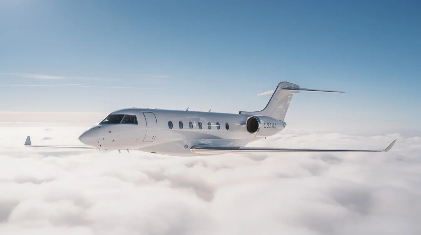 A modern private jet is soaring through a clear blue sky, surrounded by fluffy white clouds, showcasing its sleek design and impressive performance capabilities. This mid-size jet exemplifies luxury and efficiency, making it an ideal choice for business travel and comfortable journeys for passengers.