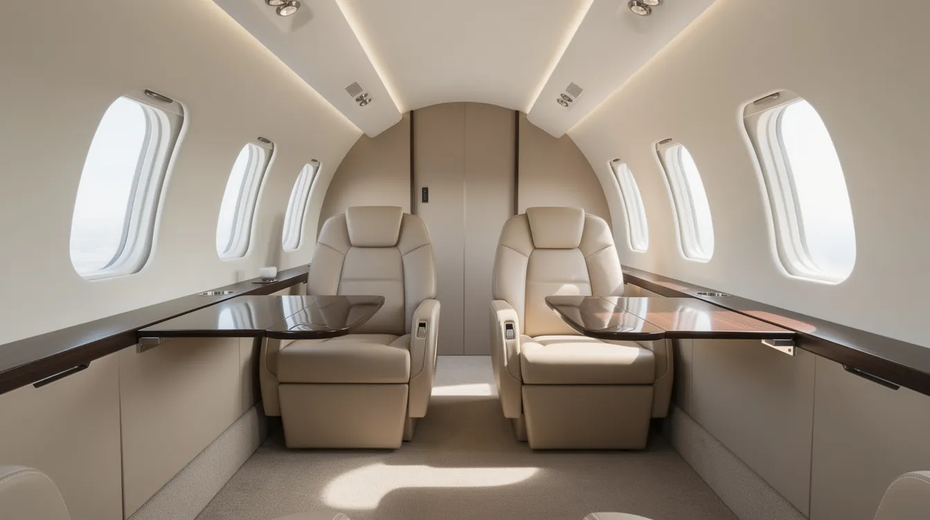 The image depicts the interior of a light private jet cabin, featuring plush beige leather club seats arranged for comfort and relaxation. Natural light floods the space through oval windows, creating an inviting atmosphere ideal for passengers traveling to various destinations in style and luxury.