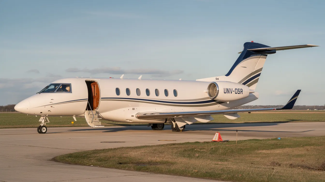 The image showcases a luxurious private jet, highlighting its spacious cabin designed for discerning travelers. This private jet, part of a diverse fleet available for private jet charter services, emphasizes the comfort and personalized service that comes with flying private to popular destinations.