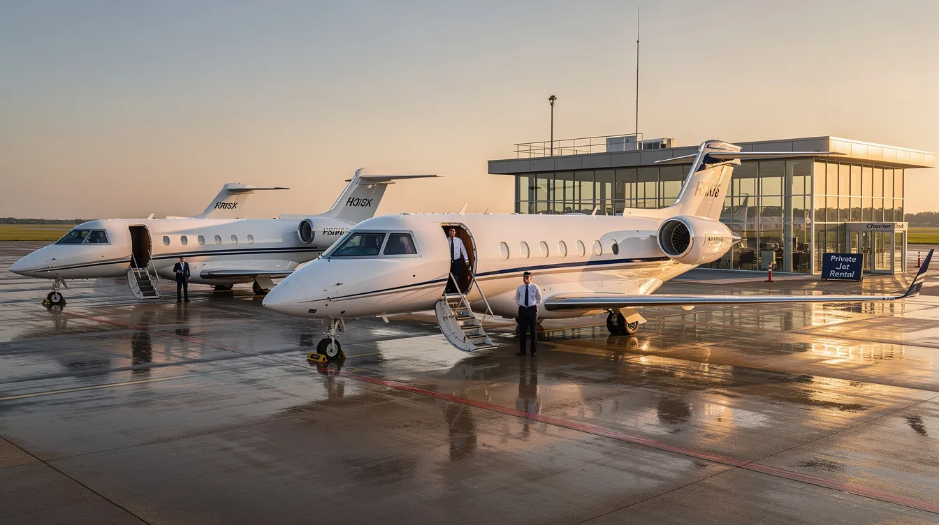 The image showcases a sleek private jet parked on a tarmac, highlighting the luxury of private jet travel. It represents the convenience and comfort of private jet charter services, catering to discerning travelers seeking efficient and personalized service for their journeys.