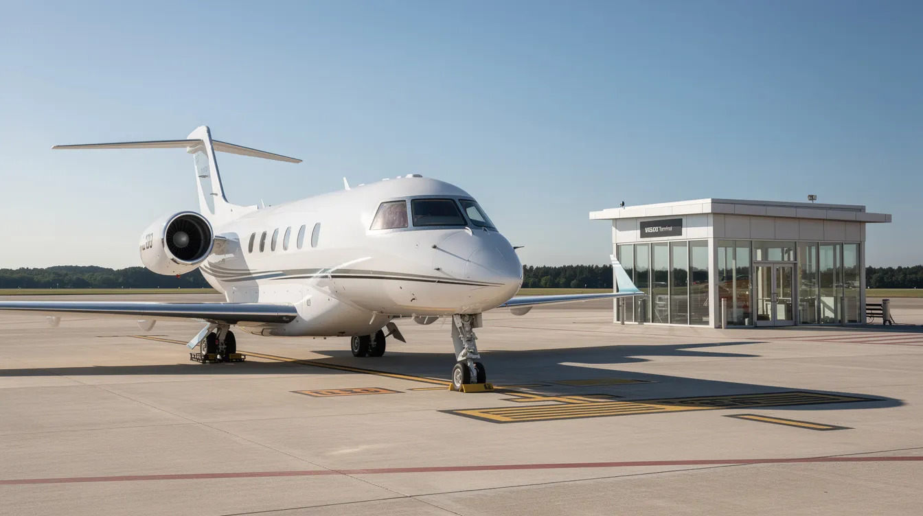 A sleek private jet is parked on a tarmac next to a small private terminal building, under a clear blue sky. This scene captures the essence of private air travel, showcasing the convenience and luxury of charter jet airlines.